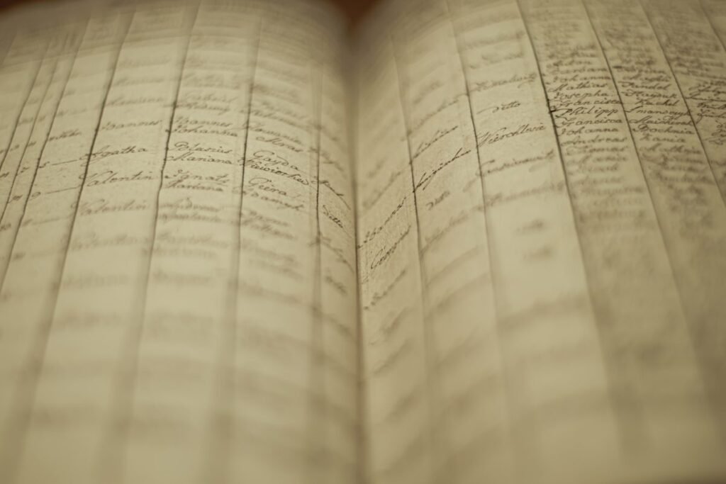 Página de un libro de registros con una lista de nombres e información, vista con el enfoque suave